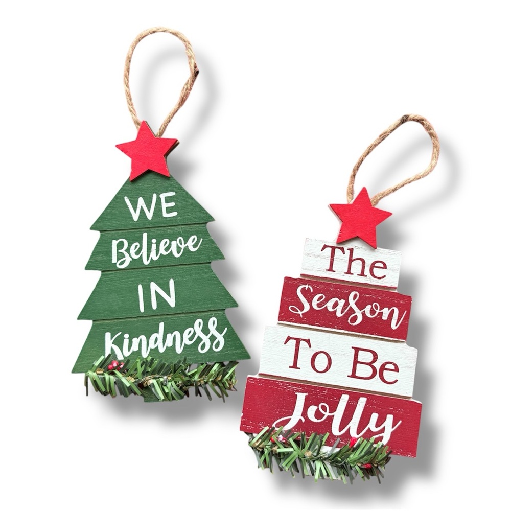 Festive Holiday Tree Shaped Wooden Ornaments Set of 2 - NWOT